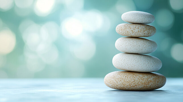 smooth zen stones against a serene background, symbolizing inner peace, meditation, mindfulness, harmony, and stability. Represents calmness, concentration, and spiritual balance