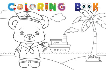 Sailor bear and ship at sea coloring book page for kids. Vector illustration