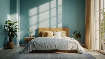 3D Rendering of a Minimalist Bedroom with a  Light Blue Wall and  Sunlight