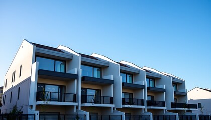 Obraz premium A row of contemporary townhouses with sharp angles, flat roofs, and neutral color palettes, set against a bright blue sky.