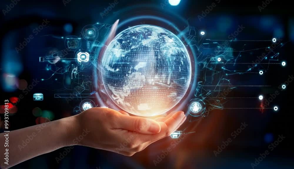Poster hands holding a glowing holographic globe of the world surrounded by futuristic technology and digit