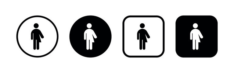 All gender restroom signs set in circle and square shapes. Gender neutral solid and line toilet icons. Unisex vector flat symbols on white background.	