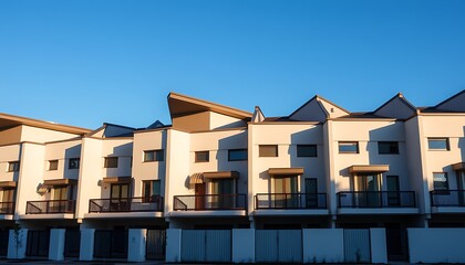 Fototapeta premium A row of contemporary townhouses with sharp angles, flat roofs, and neutral color palettes, set against a bright blue sky.