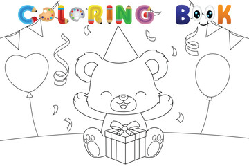 Happy bear with birthday present coloring book page. Vector illustration