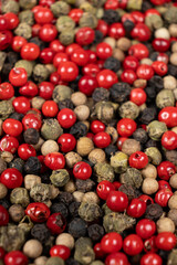 A mixture of different peppercorns white, black, red and green peppers spices.