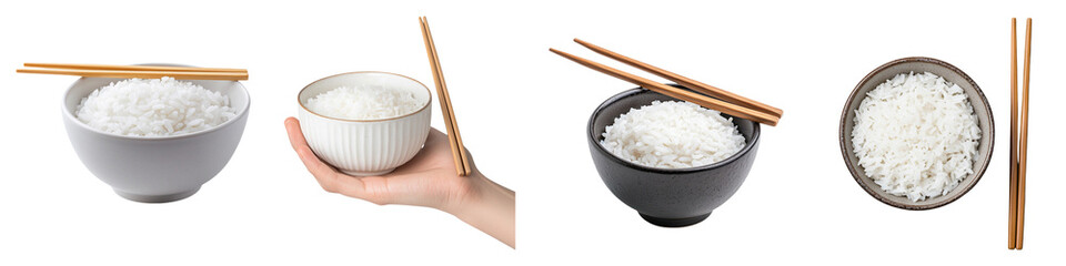 The image displays bowls of rice, one held by a hand, with chopsticks beside each, showcasing various presentations of rice on a dark background.