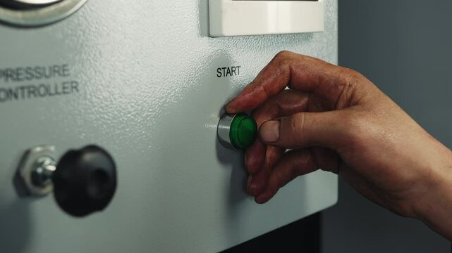 Green button power on with Start sign, finger pushing button and start engine electrical equipment in industrial factory, wwitch on or turn on the electricity