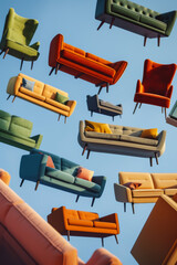 Many different modern sofas and armchairs flying up to the sky