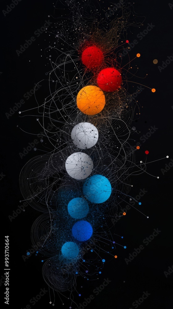Poster abstract colorful circles with lines on black background