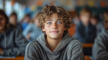 Portrait teenage boy sitting in a classroom in early morning on back to school day --ar 16:9 --style raw --stylize 750 Job ID: f9ca9313-66aa-4849-a6e7-d8d913653657