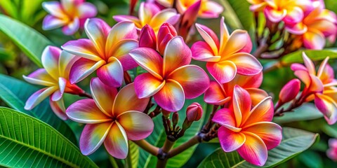 Obraz premium Vibrant Plumeria Flower Colors in Full Bloom Showcasing Nature's Beauty and Tropical Serenity