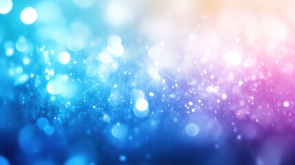 A vibrant, colorful bokeh background with blue, pink, and white light spots.