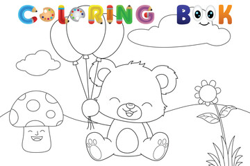 Fototapeta premium Bear with balloons in a happy outdoor setting coloring book page. Vector illustration