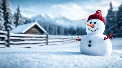Obraz premium Snowman with Red Hat in a Winter Cabin Landscape