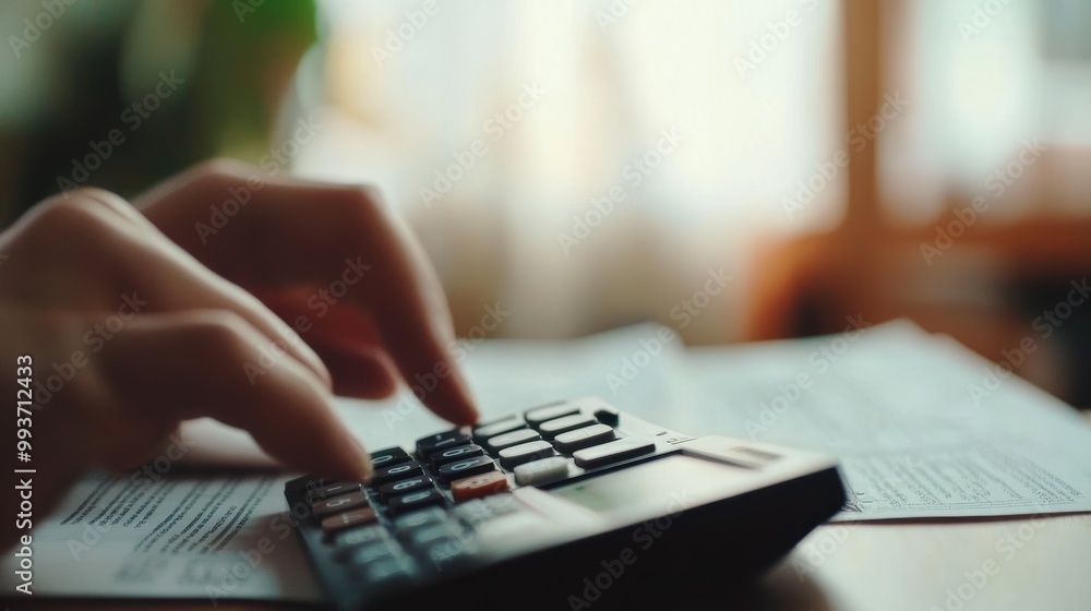 Poster accountant calculating budget using calculator and documents at home office