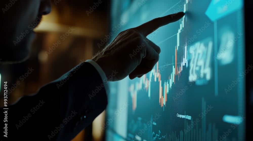 Poster stock market trader analyzing charts on computer screen in office at night