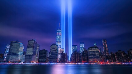 Close-up of Upward spotlights illuminating the New York City skyline at dusk on September 11. Ai generated image
