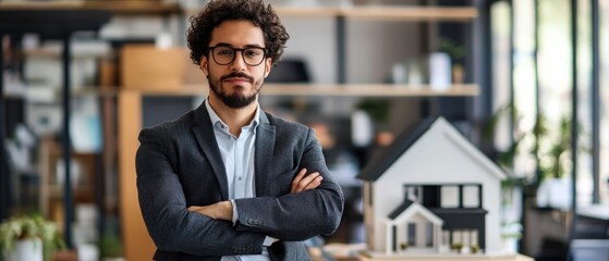 A confident man stands with arms crossed beside a model house in a modern office setting.