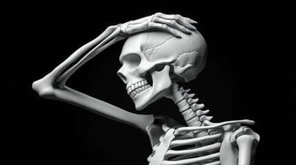 3D Skeleton Holding Head in Dramatic Pose on Black Background