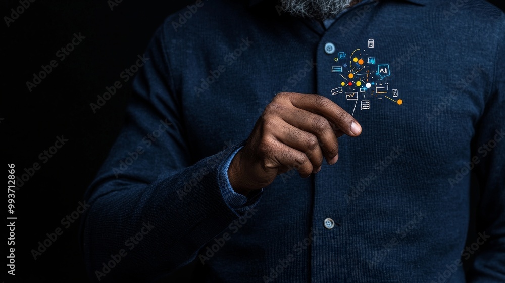 Poster man s hand interacting with digital network concept