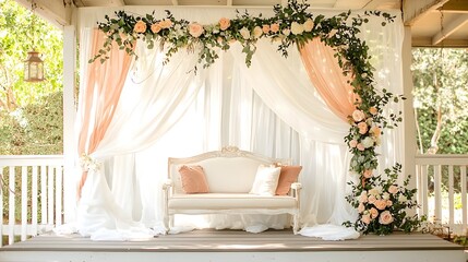 Chic Floral-Adorned Wedding Arch Backdrop Transforming Event Space into Photo Booth