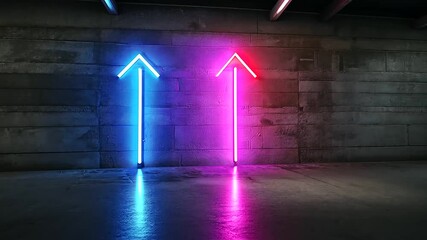 A 3D up arrow made from glowing neon tubes, against a plain black background, symbolizing the bright and bold growth in urban business environments