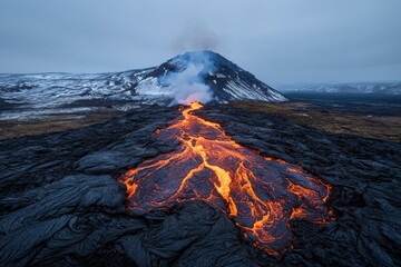 A powerful view of bright, molten lava flowing down the slope of an erupting volcano, set against a cold, snowy landscape and dramatic sky filled with smoke.
