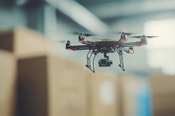 Multi rotor drone with a camera carrying a package in an indoor warehouse highlighting innovations in logistics package handling and unmanned drone technology for warehouse automation