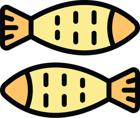 Simple vector icon of two cooked fishes swimming in opposite directions, isolated on a white background