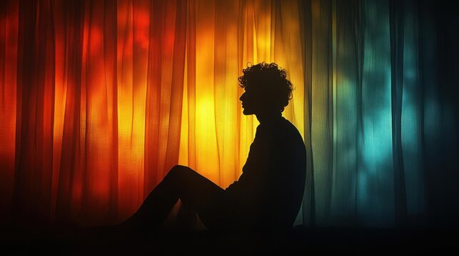 a silhouette of a mysterious figure behind sheer curtains with a soft lamp glow illuminating the surroundings creating a chilling yet intriguing atmosphere