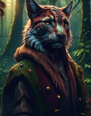 Tiger in elegant clothes on the background of the forest.