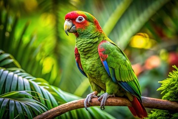 Vibrant Red-Crowned Amazon Parrot Perched on a Branch in Lush Green Tropical Environment