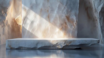 a simple stone podium showcasing a product against a clean white background exuding an air of minimalism and sophistication for cosmetics display