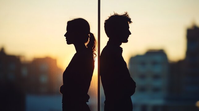Silhouette of Couple Standing Back to Back at Sunset