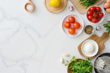 An overhead view of a modern kitchen counter with meal prep ingredients neatly arranged, clean minimalistic style, soft natural lighting