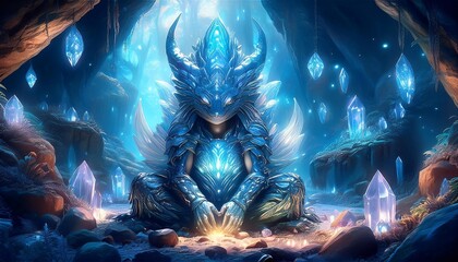 A creature in the dungeon practices magic near a crystal.