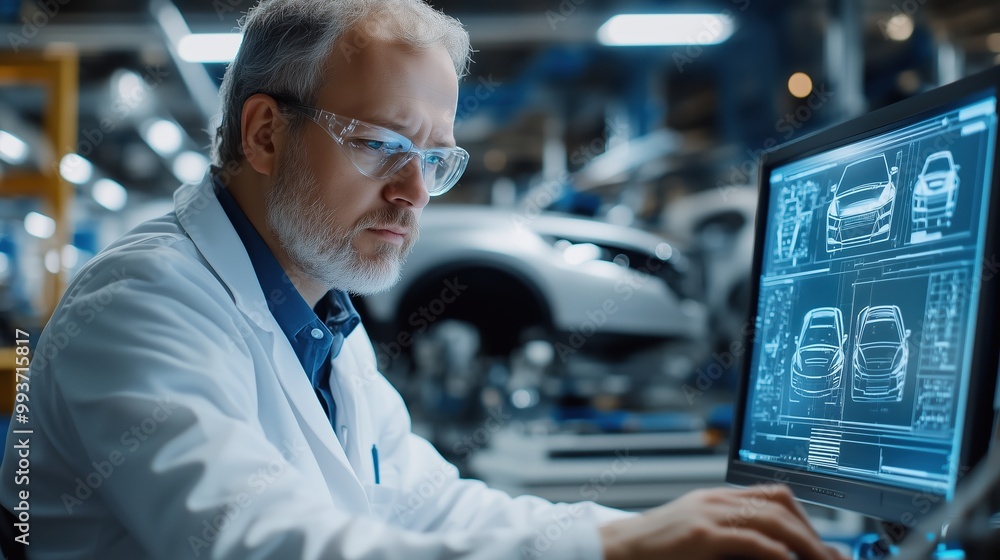 Poster engineer designing car models on computer screen. automotive engineer wearing safety glasses works o