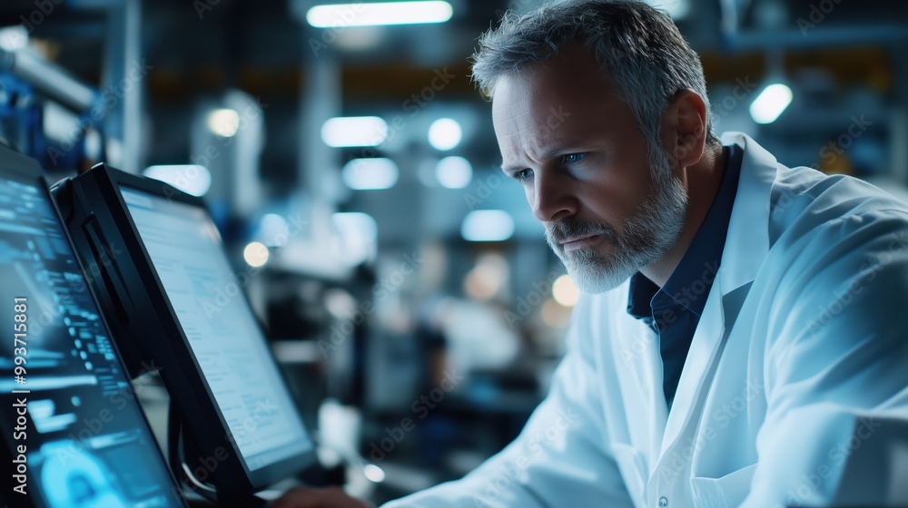 Poster focused engineer designing automotive components. automotive engineer intensely working on car compo