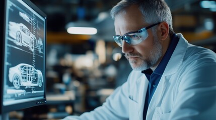 Automotive engineer focusing on 3D car design. Senior automotive engineer examines detailed 3D car models on a computer screen, wearing protective glasses in a high-tech factory environment.