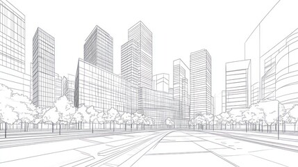 A minimalist line drawing of a modern cityscape with buildings and trees.