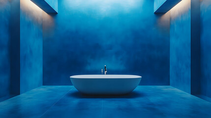 Minimalist Bathroom with Bathtub and Blue Walls 3d Render