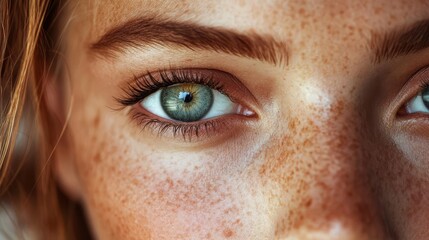 Obraz premium Close-up of a person's eye with freckles and beautiful blue iris.