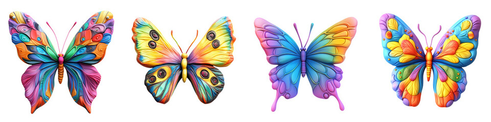 A vibrant collection of colorful butterflies, showcasing intricate wing patterns and rich hues, perfect for nature-themed designs. on transparent cutout, PNG file