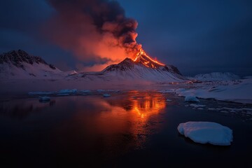 Naklejka premium An evening scene of a volcanic eruption with a dramatic lava flow lighting up the night sky and icy waters at twilight, capturing nature's raw and powerful beauty.