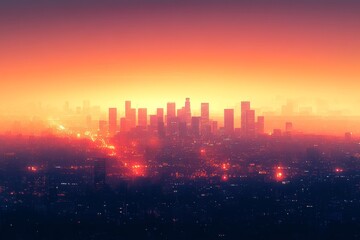 Vibrant city skyline illuminated at sunset symbolizing urban growth modern infrastructure and the beauty of a bustling metropolis during twilight hours