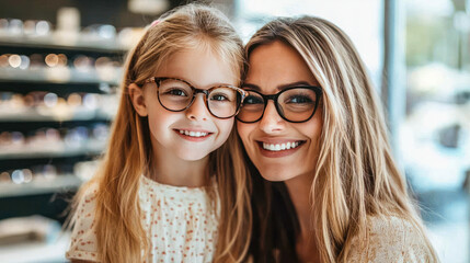 Happy mother and daughter trying on glasses in optic store for sight, vision or eye care at retail shop or store. Smiling young woman and girl wearing eyeglasses. Buying spectacles in optic store