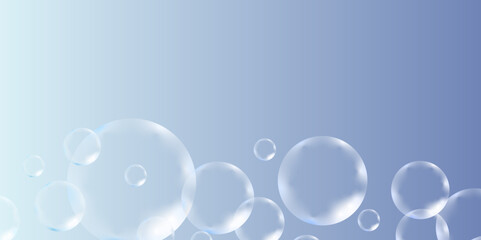 Macro shot of isolated water white bubbles on blue background. A set of blue and white soap bubbles to create a design. Isolated, transparent, realistic soap bubbles on a transparent background