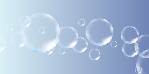 Macro shot of isolated water white bubbles on blue background. A set of blue and white soap bubbles to create a design. Isolated, transparent, realistic soap bubbles on a transparent background