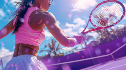 Fototapeta premium A female tennis player plays tennis on a purple court. Sports background.