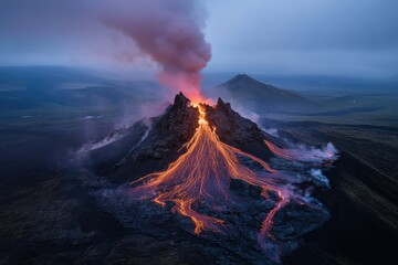 An intense eruption of a volcano with lava splattering down the slopes and an enormous column of smoke rising into the sky, symbolizing nature's raw power and beauty.